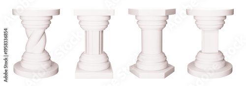 Cylinder pillar plinth 3d white mockup. Hexagon platform on column for box or trophy prize. Exhibition sculpture stage block template to use in art gallery for promotion. Marble round base with tube