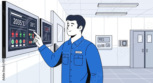 Man in blue uniform operating control panel in industrial setting.