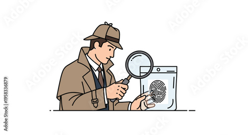 A cartoon detective in a trench coat uses a magnifying glass to examine a fingerprint in an evidence bag on a white background.