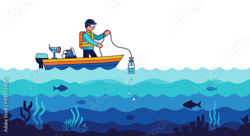 Man in boat collecting water sample for scientific research.
