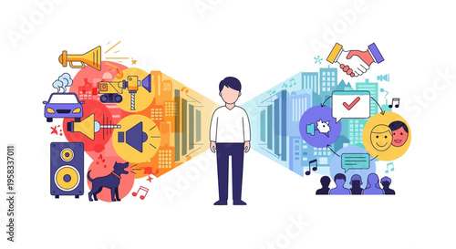 Man in the middle of contrasting soundscapes and social environments.