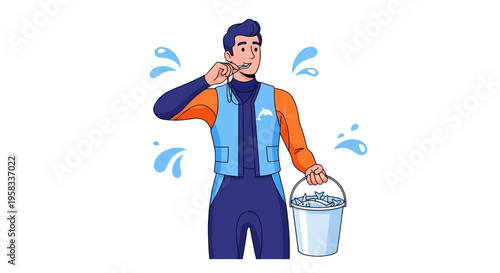 Man in Uniform Brushing Teeth with Bucket of Water.