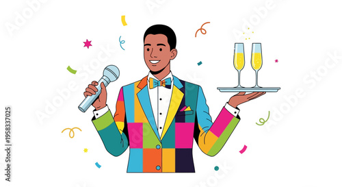 Man in Colorful Suit Holding Microphone and Champagne Tray.