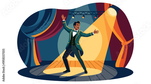 Man in Tuxedo Performing on Stage Under Spotlight.