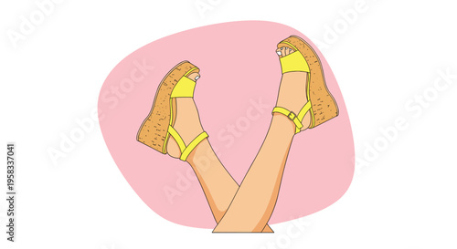 A pair of raised female legs wearing yellow wedge sandals with cork soles are positioned against a pink oval on white.
