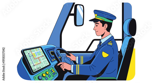 Man in uniform driving a bus with GPS navigation.