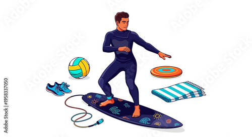 Man in Wetsuit Surfing on Electric Surfboard with Beach Gear.