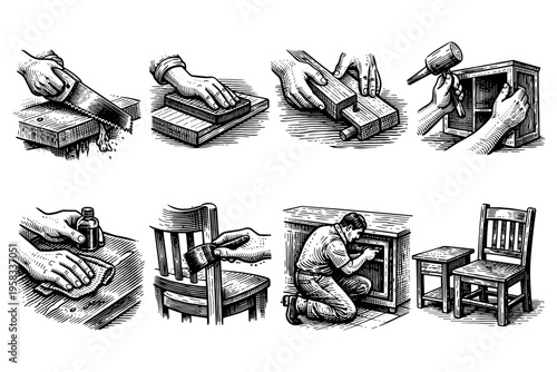 Woodworking process steps shown in a vintage illustration style, from cutting to assembly