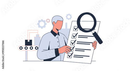 Man Inspecting Checklist with Magnifying Glass and Production Line.