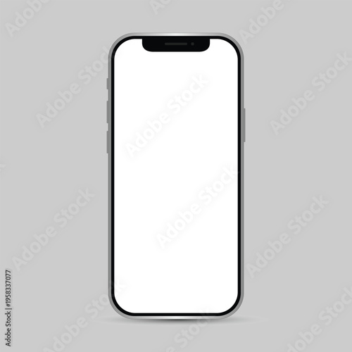 A sleek smartphone with a blank white screen on a light gray background