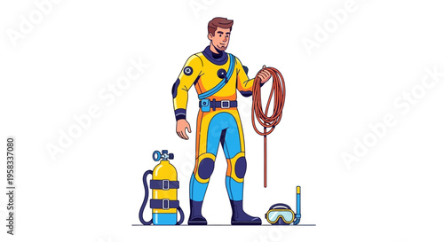 Man in Yellow Blue Scuba Diving Suit Holding Rope.
