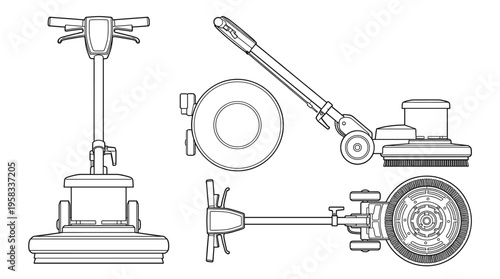 Floor Polisher Coloring Page Vector, Cleaning Equipment Line Art Illustration with Front Side and Rear Views