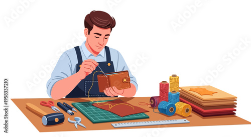 Man crafting leather wallet with tools and materials.