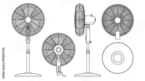 Electric Fan Coloring Page Vector, Home Appliance Line Art Illustration with Front Side and Rear Views
