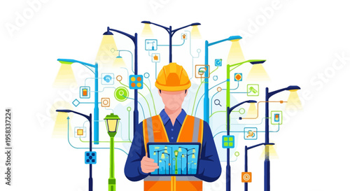 Man in Hard Hat Holding Tablet Surrounded by Streetlights.