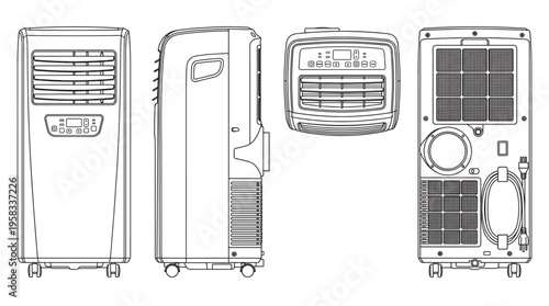 Portable Air Conditioner Coloring Page Vector, Home Appliance Line Art Illustration with Front Side and Rear Views
