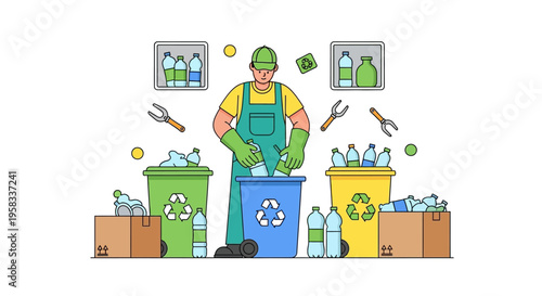 Man in green overalls recycling plastic bottles into blue bin.