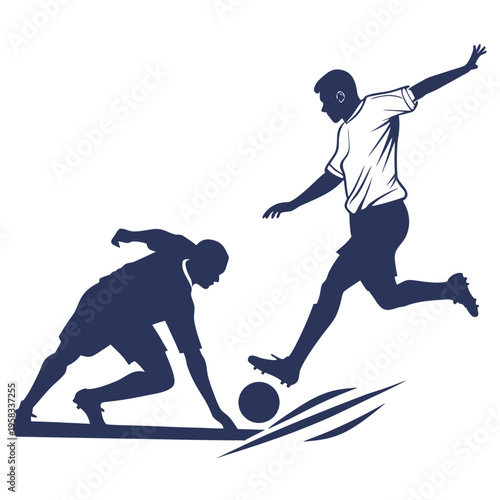 Dynamic vector illustration of two male soccer players in action, one kicking the ball, the other tackling