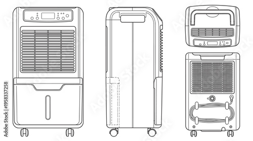 Dehumidifier Coloring Page Vector, Home Appliance Line Art Illustration with Front Side and Rear Views