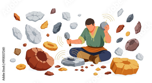 Man crafting stone tools in ancient setting.