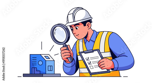 Man in hard hat inspects small blue object with magnifying glass.