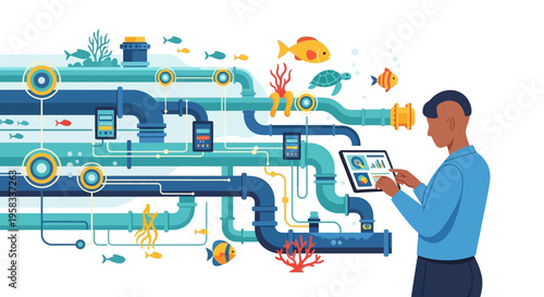 Man Interacting with Digital Tablet Controlling Complex System.