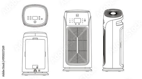 Air Purifier Coloring Page Vector, Home Appliance Line Art Illustration with Front Side and Rear Views