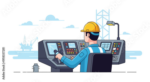 Man in hard hat operating complex control panel.