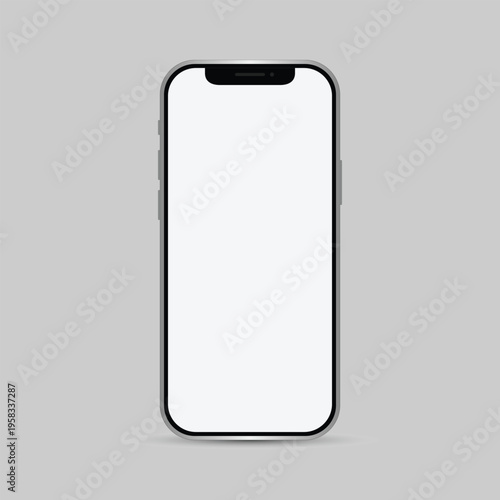A sleek smartphone with a blank white screen on a light gray background