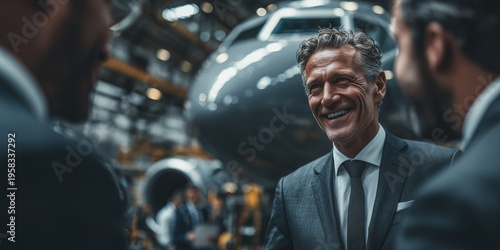 Businessman Smiling During a Successful Negotiation Inside an Aerospace Manufacturing Facility with a Modern Private Jet in the Background