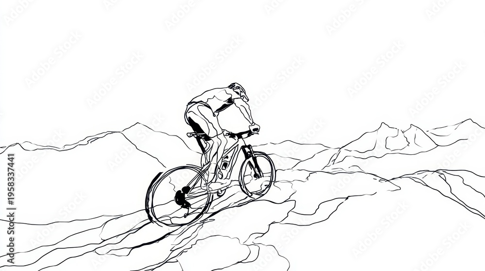 Obraz premium Minimalist continuous-line drawing of a cyclist navigating a mountain trail in bold black on white