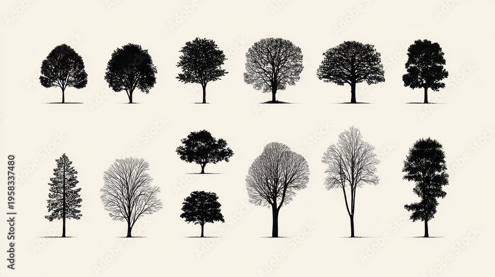 Fototapeta premium Minimalist forest silhouettes: diverse tree shapes against pure white backdrop