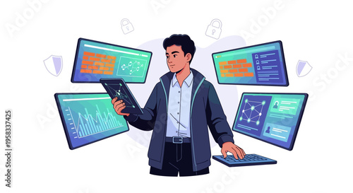 Man Interacting With Multiple Digital Screens and Devices.