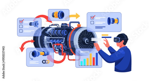 Man Interacting with Virtual Jet Engine Model Using VR Headset.