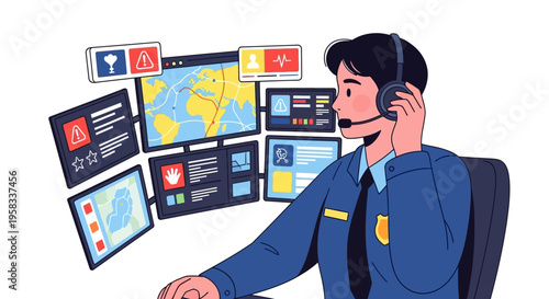 Man in headset operating complex monitoring system.