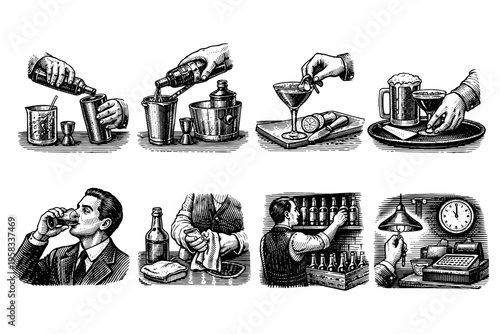 Vintage illustration of bar scenes and cocktail preparation steps