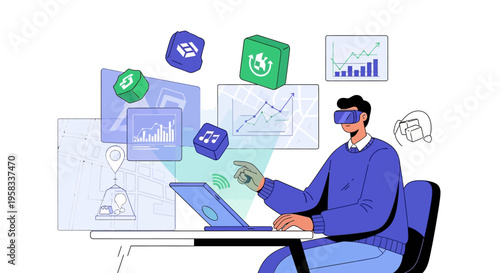 Man Interacting with Virtual Reality Technology and Data Visualizations.