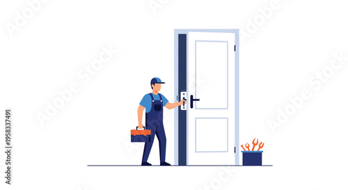 A male locksmith in blue overalls is working on a white door handle, holding a toolbox, with tools in a bucket nearby.