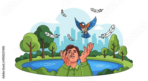 Man Juggling Feathers and Birds in a Park.