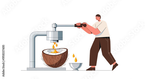 Man operating coconut oil extraction machine for fresh oil production.