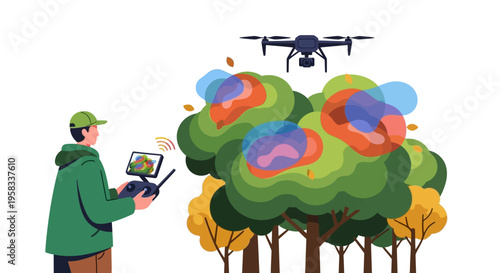 Man operating drone for forest health monitoring.