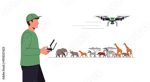 Man Operating Drone Over African Wildlife Safari.