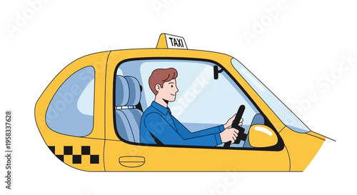 Man driving a futuristic yellow taxi cab.