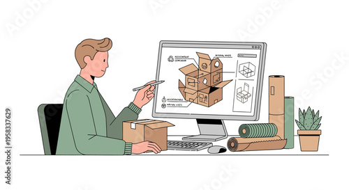 Man designing packaging on computer screen illustration.