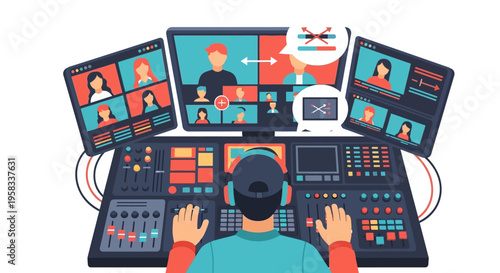 Man operating complex video production equipment for online broadcast.