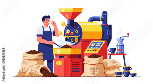 Man operating coffee roasting machine with beans and sacks.