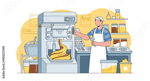 Man operating ice cream machine making dessert.