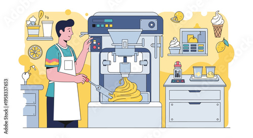 Man operating modern ice cream making machine with swirls of soft serve.