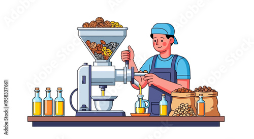 Man operating oil extraction machine for seeds.