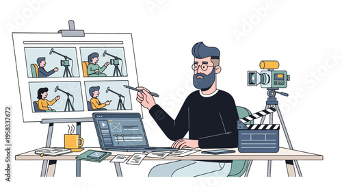 Man editing video on laptop with storyboard and camera equipment.